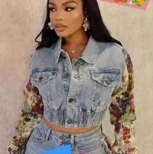 Floral Sleeve Denim Crop Jacket